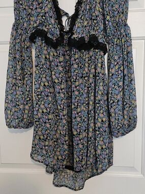 Free People Black Mini Dress with Pastel Floral Print